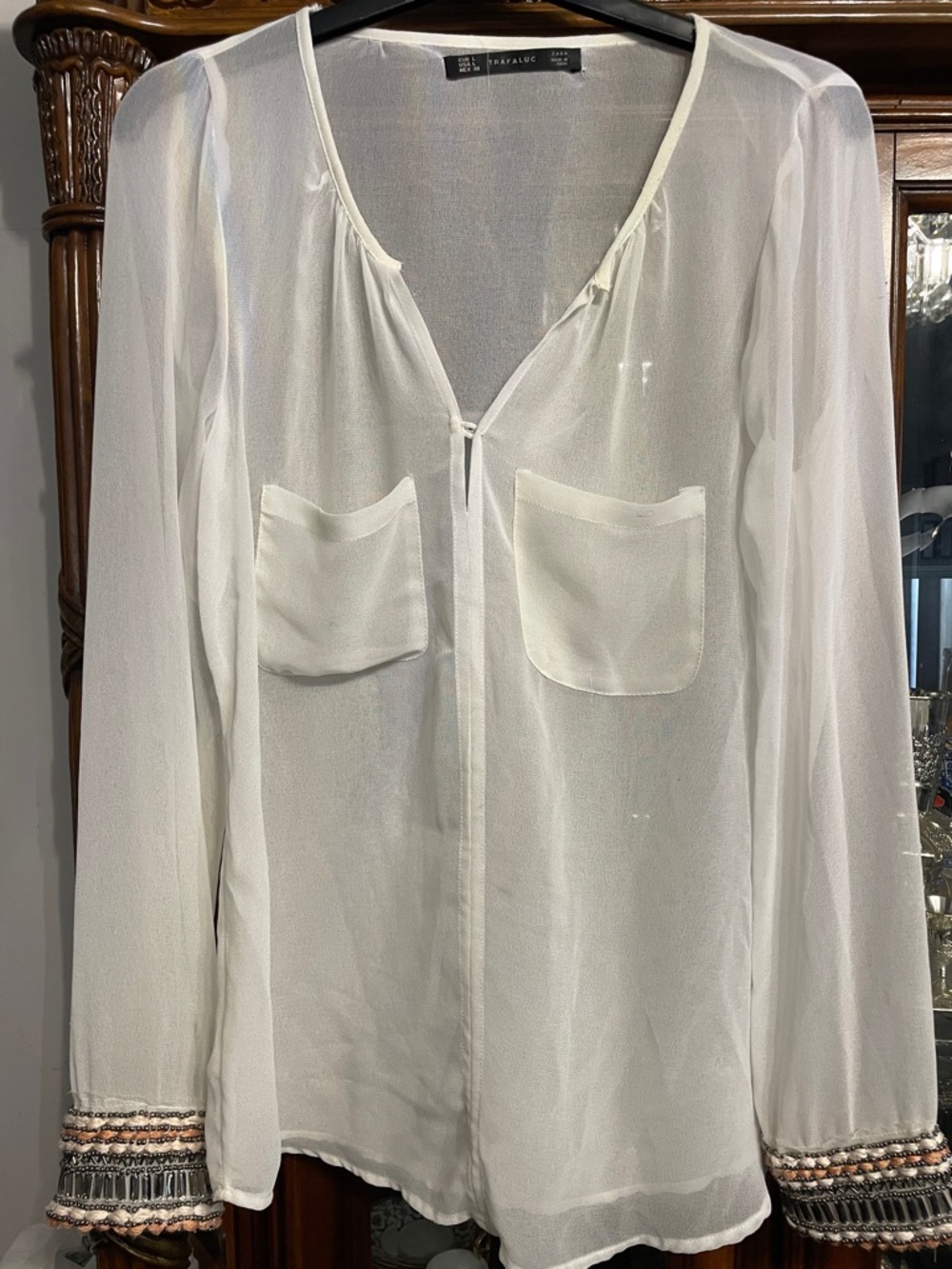 Zara Trafaluc Cream Sheer Blouse with Beaded Cuffs